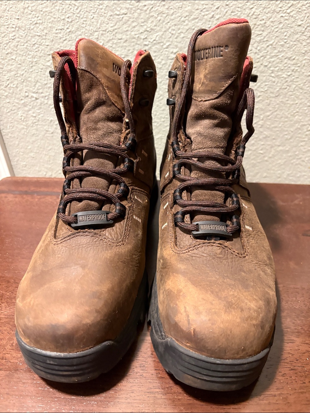 Wolverine Brown Leather Waterproof Work Boots with Red Liner
